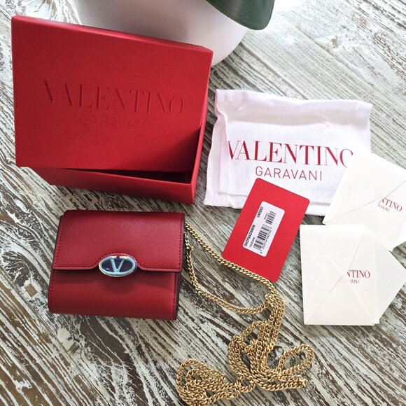 VALENTINO GARAVANI RED Calfskin Leather Logo Wallet With Strap/Chain - Picture 1 of 4